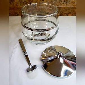 Sweet 'N Low Glass Chrome 4"x 3” Sugar Jar w/ Lid and Spoon 1960s Vintage